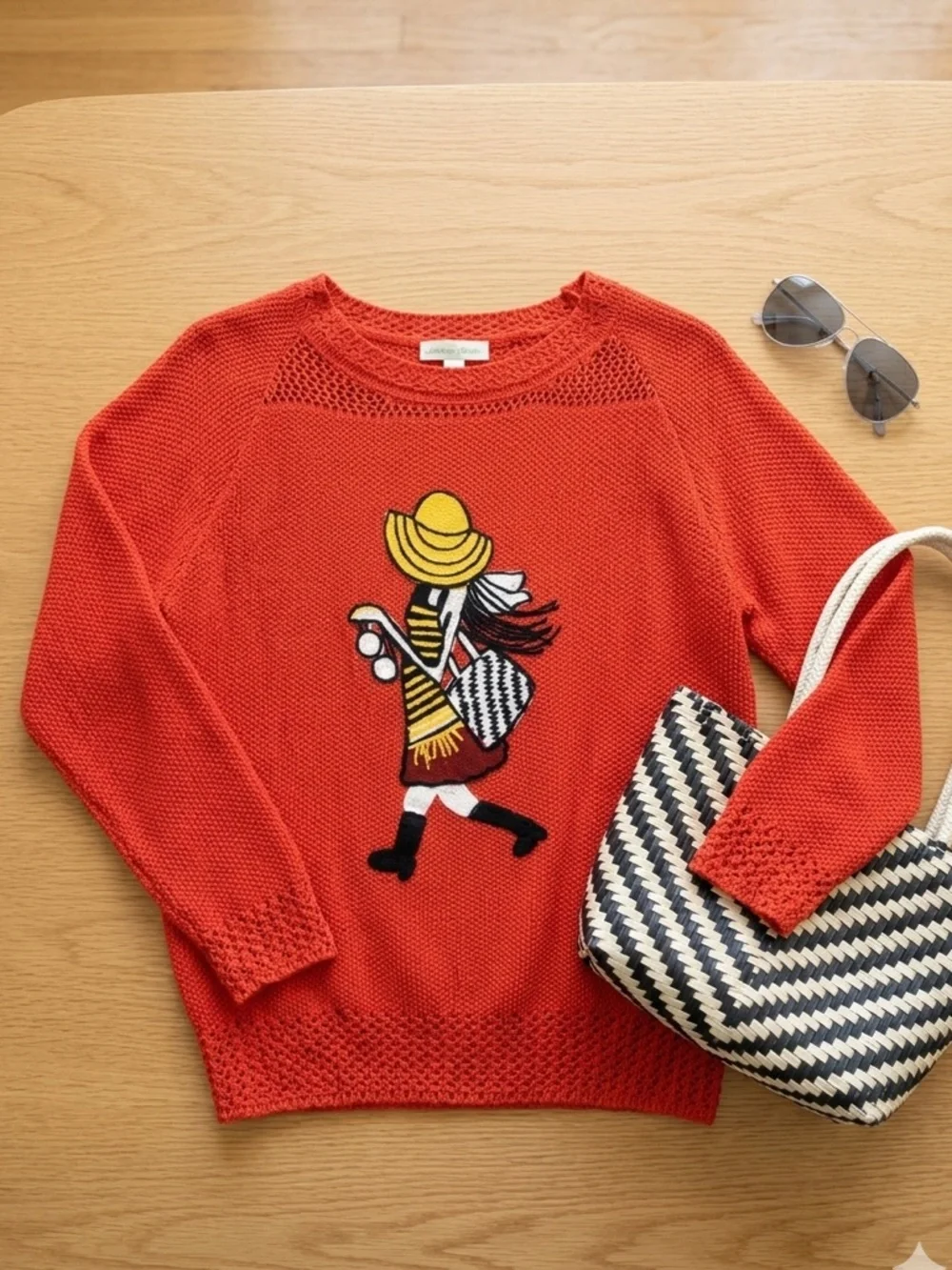 Vintage Tomato Red Embroidered Girl Hat Intarsia Textured Knit Lace Trim Sweater